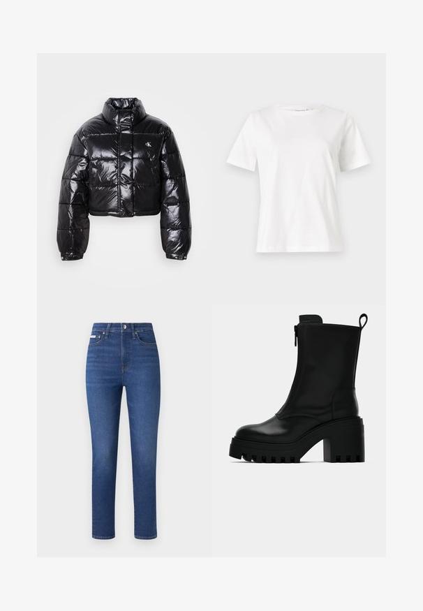 Casaco puffer preto cropped com acabamento brilhante, gola alta, fecho éclair à frente e detalhe de logótipos. Apresenta mangas oversized e secções acolchoadas.; T-shirt de algodão branco com mangas curtas, decote redondo e um corte descontraído. Textura suave, sem padrões ou detalhes, design minimalista.; Jeans de denim numa tonalidade azul escura com corte reto, design de cinco bolsos e detalhes de costura subtil. Apresenta um fecho com zip e botão.; Botim de pele preto até ao tornozelo com sola robusta, salto bloco, fecho lateral e alça na parte de trás sobre fundo branco liso.