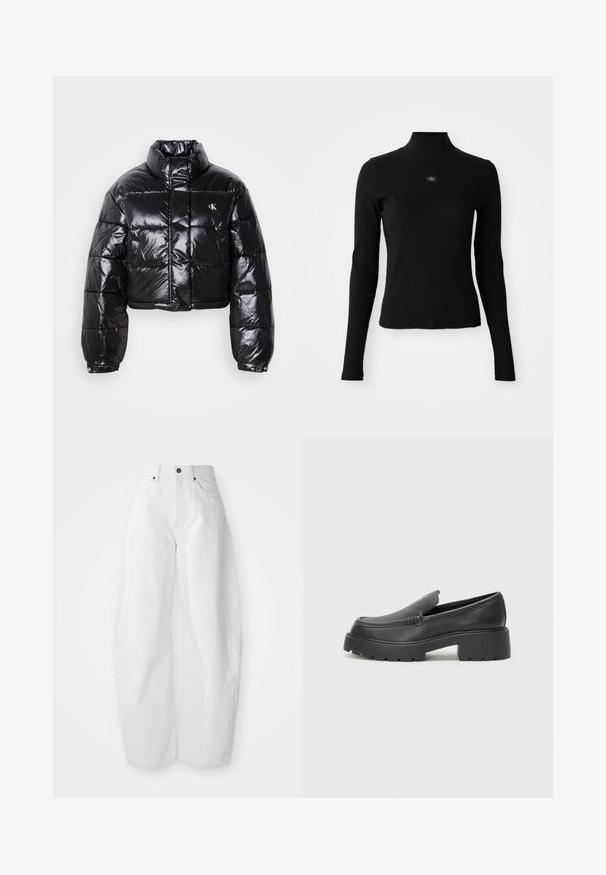 Fekete, fényes felületű, vágott pufi dzseki, magas gallérral, elülső cipzárral és logó részlettel. Tágas ujjakkal és steppelt részekkel rendelkezik.; Fekete, hosszú ujjú felső magas nyakkal és testhezálló fazonnal. A mellrészen egy kis logó folt található. Sima, bordázott textúra.; Magas derekú, laza szabású fehér farmernadrág. Gombos záródás, oldalsó zsebek és minimalista dizájn jellemzi. Sima textúra.; Fekete bőr loafer cipők kerek orral, vastag, texturált talppal és minimális varrási részletekkel. Áramvonalas dizájn, látható fűzők vagy fém részek nélkül.