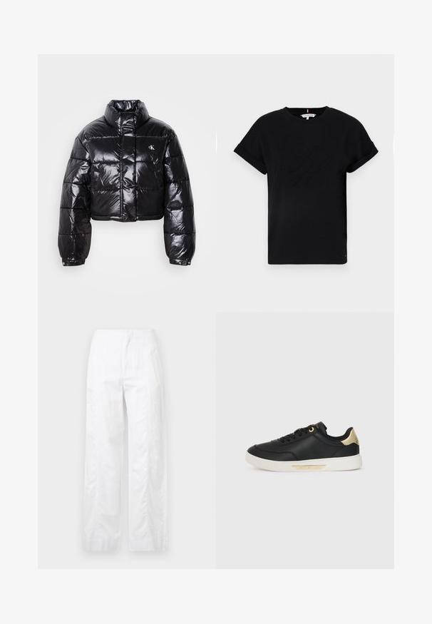 Lühendatud must puffer-jakk läikiva viimistlusega, kõrge krae, eeslukuga ja logodetailiga. Omab üleöö suuruseid varrukaid ja tikitud sektsioone.; Mustmust särk, millel on rullitud lühikesed varrukad, keskosas on embosseeritud logo ja küljel väike lipu aktsent.; Valged laiad püksid, mis on valmistatud kergetest materjalidest, omades siledat tekstuuri, puhtaid jooni ja kõrget vöökohta.; Must have nahkapäkk, millel on sile tekstuur, valge kummitald, kuldsed aktsendid kanna ja silmade ümber, külgedel logo.