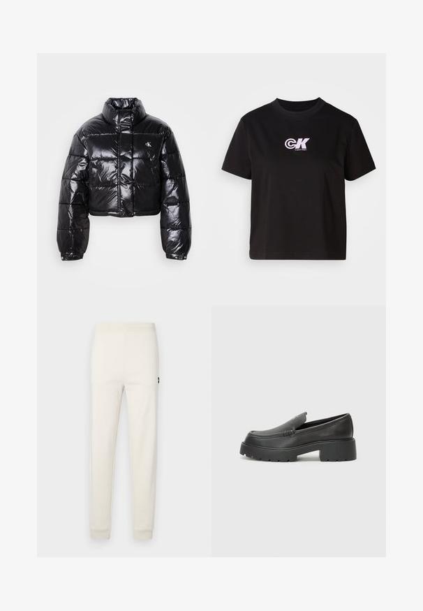Gekürzte schwarze Steppjacke mit glänzender Oberfläche, hohem Kragen, Frontreißverschluss und Logodetail. Verfügt über übergroße Ärmel und gesteppte Abschnitte.; Schwarzes Baumwoll-T-Shirt mit Rundhalsausschnitt und kurzen Ärmeln. Mit einem weißen und pinken "CK"-Logo im oberen linken Brustbereich.; Cremefarbene Jogginghosen aus weicher Baumwolle, mit einem elastischen Bund und engen Bündchen, ausgestattet mit einem kleinen Logo-Detail an der Seite.; Schwarze Lederloafer mit einer abgerundeten Spitze, dicker strukturierten Laufsohle und minimalen Nähten. Schlankes Design ohne sichtbare Schnürsenkel oder Beschläge.