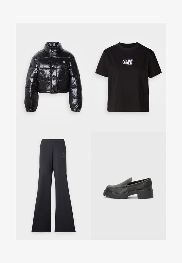 Kuttet svart dunjakke med glatt finish, høy krage, frontlås og logo-detalj. Den har overdimensjonerte ermer og quiltede seksjoner.; Svart bomull T-skjorte med rund hals og korte ermer. Har en hvit og rosa "CK"-logo på øvre venstre brystområde.; Svart vid benbukser med elastisk midje, laget av mykt stoff. Har brodert logo-detalj i kontrastfarge på siden.; Sorte skinnloafers med rund tå, tykk teksturert såle og minimale sømdetaljer. Strømlinjeformet design uten synlige snørebånd eller hardvarer.