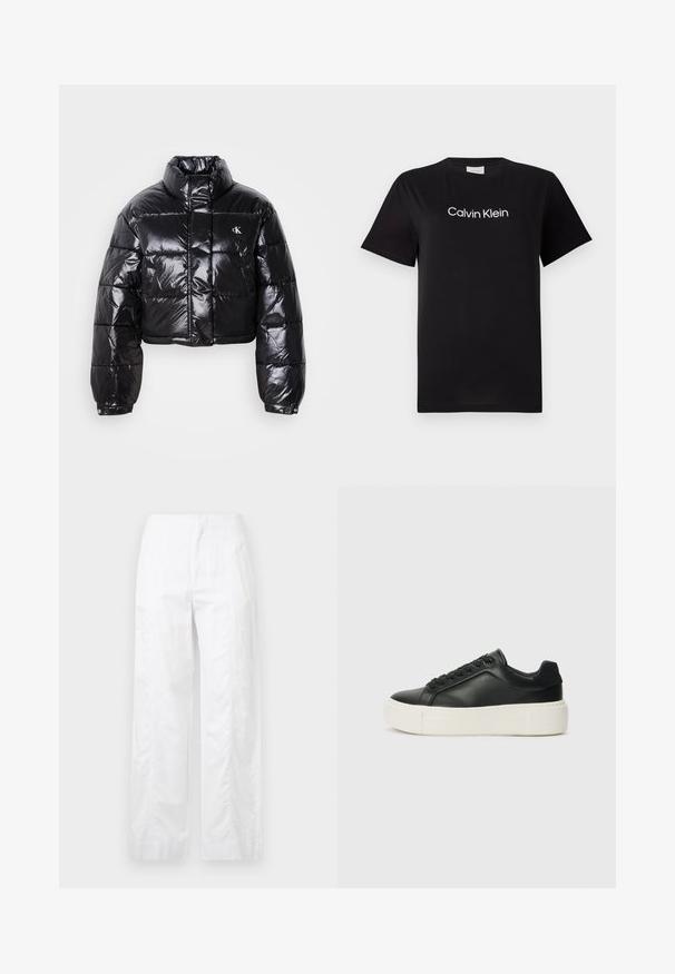 Zkrátená čierna prešívaná bunda s lesklým povrchom, vysokým golierom, predným zipsom a detailom loga. Obsahuje nadrozšírené rukávy a prešívané časti.; Čierne bavlnené tričko s krátkymi rukávmi, s bielym logom "Calvin Klein" potlačeným na hrudi. Klasický výstrih v štýle crew neck.; Biele široké nohavice z ľahkej látky, s hladkou textúrou, čistými líniami a vysokým pásom.; Čierne kožené tenisky s okrúhlou špičkou, bielou platformou a čiernymi šnúrkami. Obsahujú diskrétnu logo na päte a hladkú textúru.