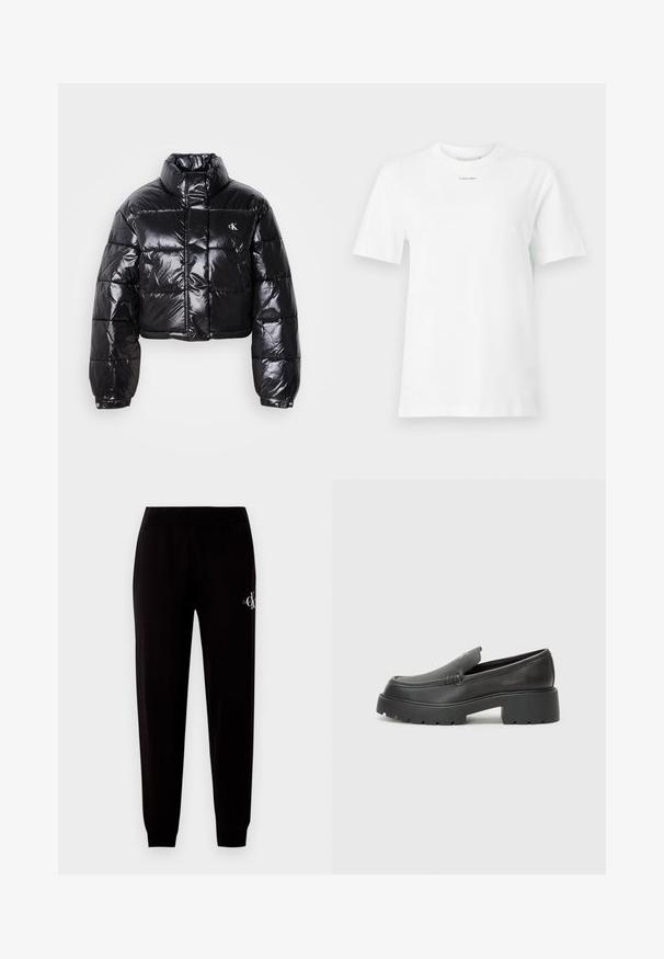 Izgriezta melna pūkainā jaka ar spīdīgu apdari, augstu apkakli, priekšējiem rāvējslēdzējiem un logotipa detaļām. Iezīmējas ar pārspīlētiem piedurknēm un quilted sekcijām.; Balta kokvilnas T-krekls ar apaļu apkakli, īsām piedurknēm un mazu melnu "Calvin Klein" logotipu uz krūtīm. Vienkāršs dizains, bez rakstiem.; Melnas sporta bikses ar slaidu piegriezumu, elastīgu jostu un piedurknēm. Uz kreisās kājas ir neliels balts Calvin Klein logo. Mīksta auduma tekstūra.; Melnas ādas mokasīni ar noapaļotu purngalu, biezs teksturēts zoles un minimālas dūriena detaļas. Gluds dizains bez redzamām auklām vai metāla elementiem.