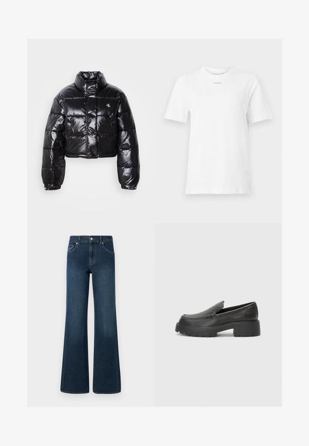 Trumpas juodas pūkinis paltas su blizgiu paviršiumi, aukšta apykakle, priekiniais užtrauktukais ir logotipo detalėmis. Yra plačios rankovės ir siuvinėtos dalys.; Baltas medvilninis marškinėliai su apykakle, trumpomis rankovėmis ir mažu juodu "Calvin Klein" logotipu krūtinėje. Paprastas dizainas, be raštų.; Plati kojinės džinsai tamsiai mėlynos spalvos, su mygtuko uždarymu, penkiomis kišenėmis ir nedideliu spalvos blukimu kaip papildomu akcentu.; Juodi odiniai loaferiai su apvaliu pirštu, storu tekstūruotu padu ir minimaliu siūlių dekoru. Išskirtinis dizainas be matomų raištelių ar furnitūros.