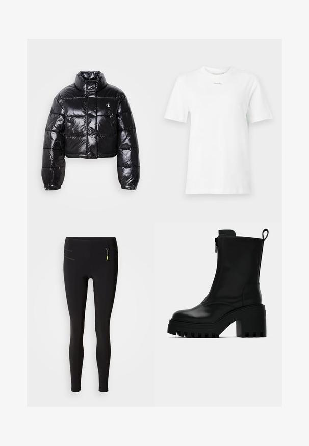 Gekürzte schwarze Steppjacke mit glänzender Oberfläche, hohem Kragen, Frontreißverschluss und Logodetail. Verfügt über übergroße Ärmel und gesteppte Abschnitte.; Weißes Baumwoll-T-Shirt mit Rundhalsausschnitt, kurzen Ärmeln und einem kleinen schwarzen "Calvin Klein"-Logo auf der Brust. Schlichtes Design, keine Muster.; Schwarze Leggings aus elastischem Material, mit hoher Taille, mit Reißverschlusstaschen in Gelb und einer glatten Textur.; Schwarze Lederstiefelette mit derben Profilsohle, Blockabsatz, seitlichem Reißverschluss und Zugschlaufe auf der Rückseite vor weißem Hintergrund.