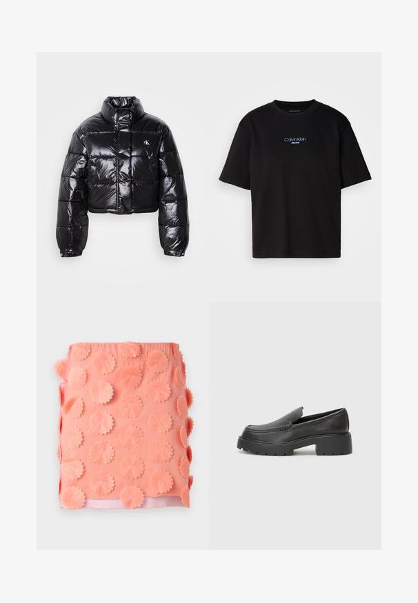 Kuttet svart dunjakke med glatt finish, høy krage, frontlås og logo-detalj. Den har overdimensjonerte ermer og quiltede seksjoner.; Sort bomull t-skjorte med rund hals, korte ermer, og blå brodert "Calvin Klein JEANS" logo på forsiden.; Koral skjørt med en teksturert overflate som har sirkulære stoffapplikasjoner. Elastisk linning og en glatt innvendig foring.; Sorte skinnloafers med rund tå, tykk teksturert såle og minimale sømdetaljer. Strømlinjeformet design uten synlige snørebånd eller hardvarer.