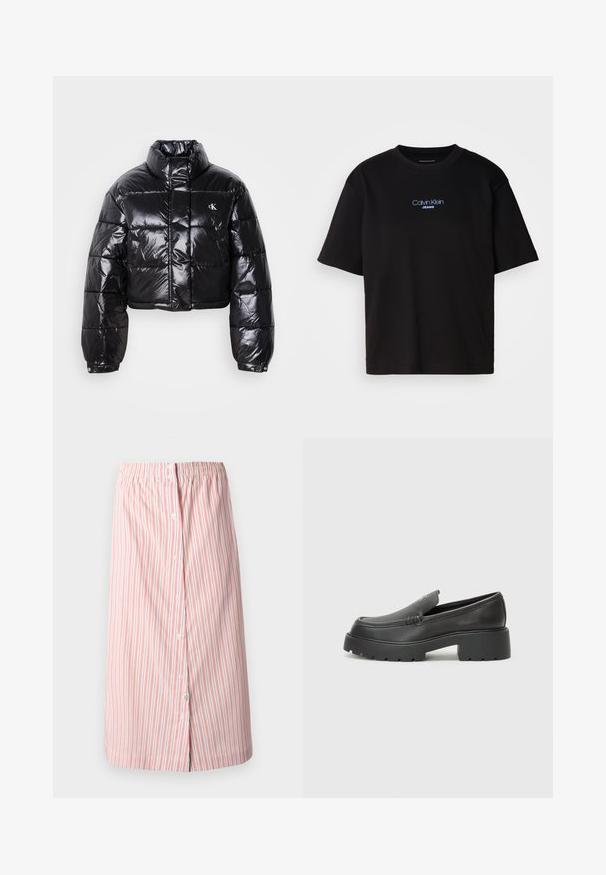 Izgriezta melna pūkainā jaka ar spīdīgu apdari, augstu apkakli, priekšējiem rāvējslēdzējiem un logotipa detaļām. Iezīmējas ar pārspīlētiem piedurknēm un quilted sekcijām.; Melna kokvilnas T-kreklu ar apaļu kaklu, īsām piedurknēm un zilu izšūtu "Calvin Klein JEANS" logo priekšpusē.; Svārki ar svītrām baltā krāsā ar sarkanām vertikālām svītrām, ar elastīgu jostu, priekšējiem pogām un taisnu griezumu, līdz ceļiem.; Melnas ādas mokasīni ar noapaļotu purngalu, biezs teksturēts zoles un minimālas dūriena detaļas. Gluds dizains bez redzamām auklām vai metāla elementiem.