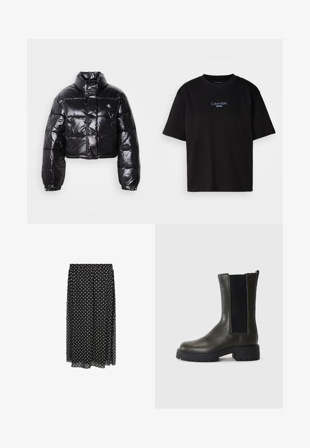 Izgriezta melna pūkainā jaka ar spīdīgu apdari, augstu apkakli, priekšējiem rāvējslēdzējiem un logotipa detaļām. Iezīmējas ar pārspīlētiem piedurknēm un quilted sekcijām.; Melna kokvilnas T-kreklu ar apaļu kaklu, īsām piedurknēm un zilu izšūtu "Calvin Klein JEANS" logo priekšpusē.; Melnas punktiņu svārki, kas izgatavoti no viegla auduma ar elastīgu jostasvietu, ar baltām punktiem vienveidīgā rakstā, apdarināts apakšējais malu.; Zaļas ādas potīšu zābaki ar elastīgiem sānu paneļiem, noapaļota purngala un gumijas zoli. Piedāvā teksturētu apdari un bloka papēdi.