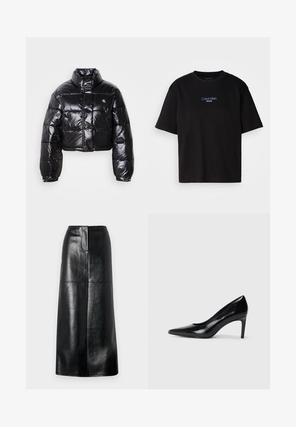Cropped black puffer jacket with glossy finish, high collar, front zipper, and logo detail. Features oversized sleeves and quilted sections.; Black cotton t-shirt with a round neck, short sleeves, and blue embroidered "Calvin Klein JEANS" logo on the front.; Black leather midi skirt with a smooth texture, straight cut, and subtle sheen. Features a simple waistband and no visible hardware.; Black leather high heel shoe with a pointed toe, smooth texture, and a tapered heel. Minimalist design, no additional embellishments.