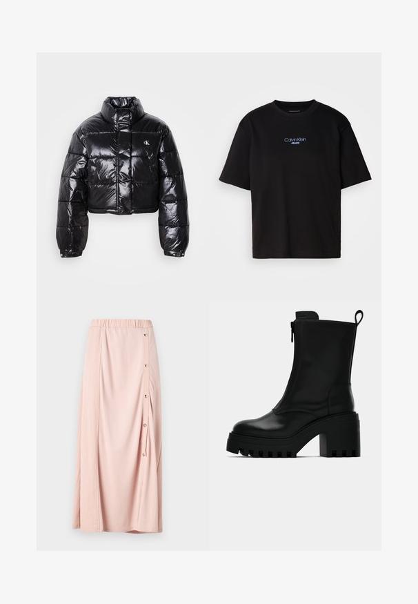 Chaqueta acolchada negra recortada con acabado brillante, cuello alto, cremallera frontal y detalle de logo. Presenta mangas oversize y secciones acolchadas.; Camiseta de algodón negra con cuello redondo, manga corta y el logotipo azul bordado de "Calvin Klein JEANS" en el frente.; Falda maxi rosa con cinturilla elástica, que cuenta con una abertura lateral abotonada y una tela suave y lisa. Diseño ligero y fluido.; Botín negro de cuero hasta el tobillo con suela de goma gruesa, tacón cuadrado, cremallera lateral y tirador en la parte posterior sobre un fondo blanco liso.