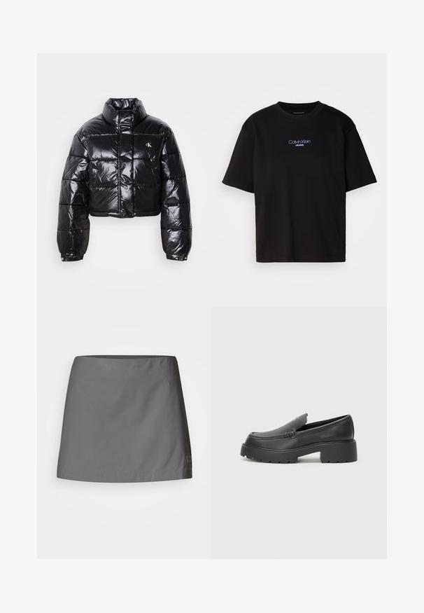 Avklippt svart pufferjacka med glänsande yta, hög krage, framfickor med dragkedja och logodetalj. Har överdimensionerade ärmar och vadderade sektioner.; Svart bomulls T-shirt med rund nacke, korta ärmar och blå broderad "Calvin Klein JEANS" logotyp på framsidan.; Grå kjol i lätt och slät tyg; har en rak skärning med en ren fåll och en diskret varumärkeslogotyp på sidan.; Svarta läderloafers med rund tå, tjockt strukturerat såle och minimala sömnadsdetaljer. Snygg design utan synliga snören eller beslag.