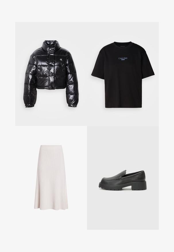 Kuttet svart dunjakke med glatt finish, høy krage, frontlås og logo-detalj. Den har overdimensjonerte ermer og quiltede seksjoner.; Sort bomull t-skjorte med rund hals, korte ermer, og blå brodert "Calvin Klein JEANS" logo på forsiden.; Strikket A-linje skjørt, myk hvit stoff, ribbet tekstur, midt på leggen lengde, elastisk midjebånd, flytende design med subtile draperinger.; Sorte skinnloafers med rund tå, tykk teksturert såle og minimale sømdetaljer. Strømlinjeformet design uten synlige snørebånd eller hardvarer.