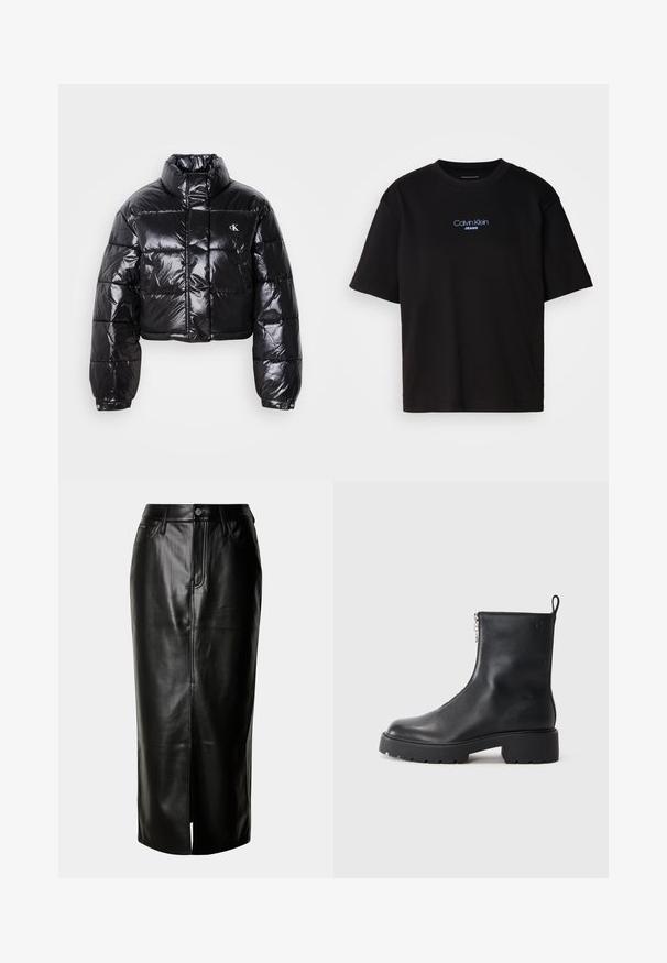 Fekete, fényes felületű, vágott pufi dzseki, magas gallérral, elülső cipzárral és logó részlettel. Tágas ujjakkal és steppelt részekkel rendelkezik.; Fekete pamut póló kerek nyakkal, rövid ujjú, elöl kék hímzett "Calvin Klein JEANS" logóval.; Fekete bőr midi szoknya egyenes szabással, elöl hasítékkal és klasszikus öt zsebes dizájnnal, fémből készült részletekkel.; Fekete bőr bokacsizma oldalsó cipzárral, kerek orral és masszív, texturált talppal. Finom márkajelzés az oldalon.