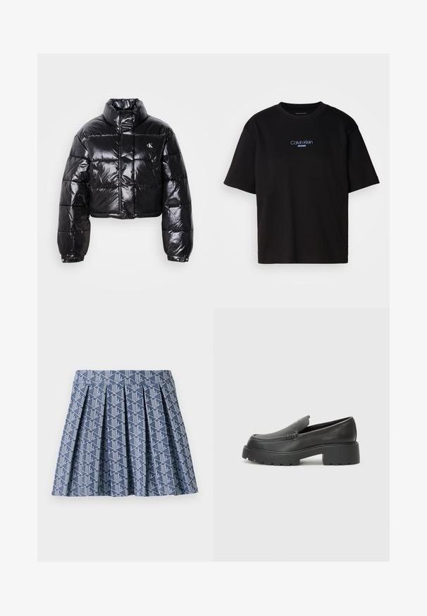 Kuttet svart dunjakke med glatt finish, høy krage, frontlås og logo-detalj. Den har overdimensjonerte ermer og quiltede seksjoner.; Sort bomull t-skjorte med rund hals, korte ermer, og blå brodert "Calvin Klein JEANS" logo på forsiden.; Blå plisserte skjørt med et geometrisk hvitt mønster. Laget av strukturert stoff med høy midje og lagdelt design.; Sorte skinnloafers med rund tå, tykk teksturert såle og minimale sømdetaljer. Strømlinjeformet design uten synlige snørebånd eller hardvarer.