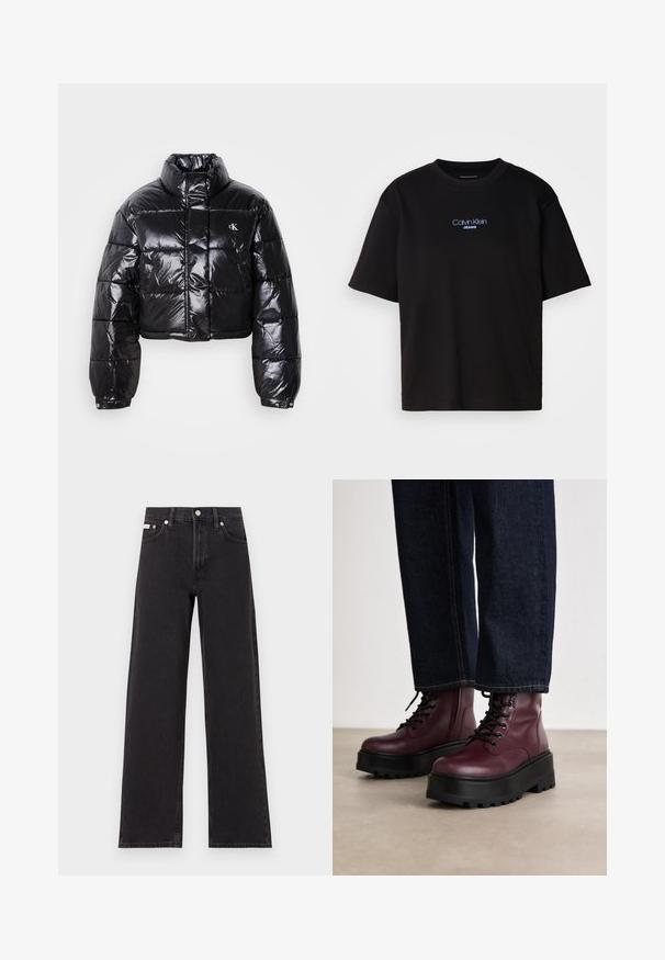 Trumpas juodas pūkinis paltas su blizgiu paviršiumi, aukšta apykakle, priekiniais užtrauktukais ir logotipo detalėmis. Yra plačios rankovės ir siuvinėtos dalys.; Juodas medvilnės marškinėliai su apykakle, trumpomis rankovėmis ir mėlynai siuvinėtu "Calvin Klein JEANS" logotipu priekyje.; Juodos plačios kojų džinsai, pagaminti iš džinsinio audinio, su aukštu liemeniu, penkių kišenių stiliumi ir metaline sagte su kontrastingo siuvimo detalėmis.; Calvin Klein Jeans FLATFORM HIGH LACE UP - Suvarstomi aulinukai - andorra/black