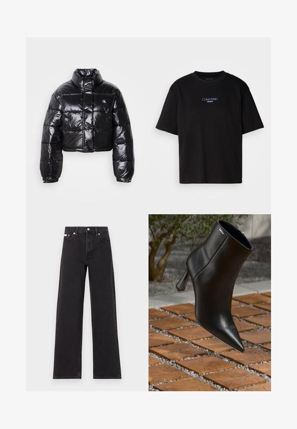 Chaqueta acolchada negra recortada con acabado brillante, cuello alto, cremallera frontal y detalle de logo. Presenta mangas oversize y secciones acolchadas.; Camiseta de algodón negra con cuello redondo, manga corta y el logotipo azul bordado de "Calvin Klein JEANS" en el frente.; Jeans anchos de mezclilla negros, con cintura alta, cinco bolsillos y cierre de botón metálico con costuras contrastantes.; Botín de cuero negro con punta afilada y un tacón geométrico. Presenta un sutil branding y una textura suave. El fondo tiene baldosas con textura.