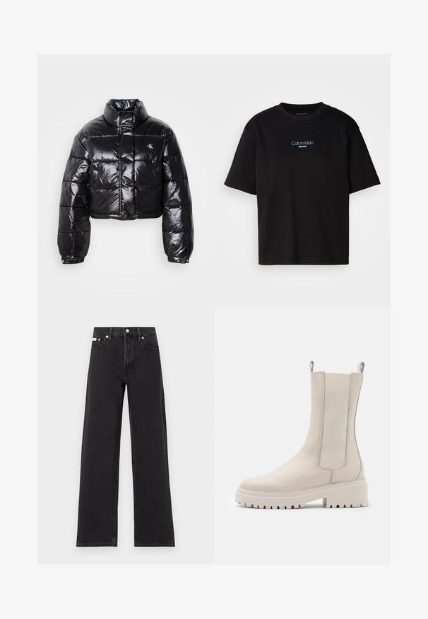 Zkrácená černá péřová bunda s lesklým povrchem, vysokým límcem, předním zipem a logem. Má široké rukávy a prošívané části.; Černé bavlněné tričko s kulatým výstřihem a krátkými rukávy, s modrou vyšitou nášivkou "Calvin Klein JEANS" na přední straně.; Černé široké jeansy vyrobené z denimu, s vysokým pasem, pěti kapsami a kovovým zapínáním s kontrastním prošíváním.; Béžové kotníkové boty vyrobené z kůže s elastickými postranními panely, masivní bílou podrážkou a s poutky na zadní straně pro snadné obouvání.