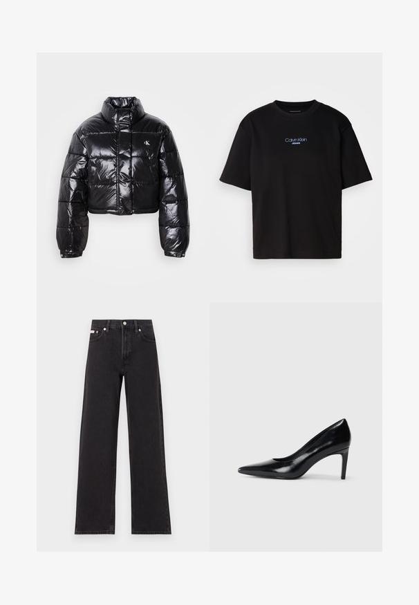Zkrátená čierna prešívaná bunda s lesklým povrchom, vysokým golierom, predným zipsom a detailom loga. Obsahuje nadrozšírené rukávy a prešívané časti.; Čierne bavlnené tričko s okrúhlym výstrihom, krátkymi rukávmi a modrým vyšívaným logom "Calvin Klein JEANS" na prednej strane.; Čierne široké džínsy vyrobené z denimu, s vysokým pásom, piatimi vreckami a kovovým zapínaním s kontrastným šitím.; Čierna kožená vysoká topánka s ihlovým podpätkom a špičatou špicou, hladkou textúrou a zúženým podpätkom. Minimalistický dizajn, bez ďalších ozdôb.