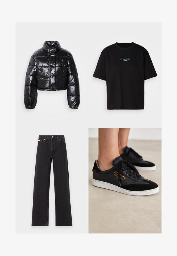 Skraćena crna jakna od puf materijala sa sjajnom završnom obradom, visokim ovratnikom, prednjim patentnim zatvaračem i detaljem s logotipom. Ima ogroman rukav i kviltane dijelove.; Crna pamučna majica s okruglim izrezom, kratkim rukavima i plavim izvezenim logom "Calvin Klein JEANS" na prednjoj strani.; Crne široke traperice od denima, s visokim strukom, pet džepova i metalnim zatvaranjem s kontrastnim šavovima.; Crne kožne i nubuk tenisice s bijelim gumenim potplatima. Sadrže tonirane vezice i zlatni logo na strani. Ravni dizajn.