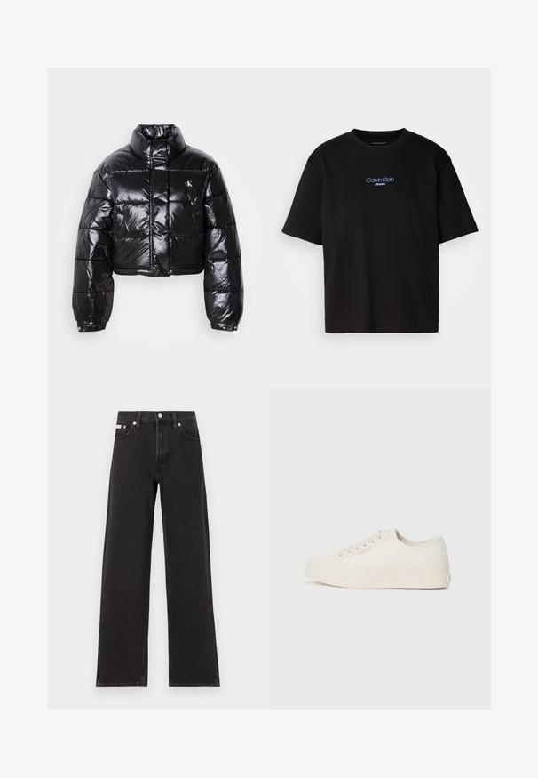 Izgriezta melna pūkainā jaka ar spīdīgu apdari, augstu apkakli, priekšējiem rāvējslēdzējiem un logotipa detaļām. Iezīmējas ar pārspīlētiem piedurknēm un quilted sekcijām.; Melna kokvilnas T-kreklu ar apaļu kaklu, īsām piedurknēm un zilu izšūtu "Calvin Klein JEANS" logo priekšpusē.; Melni platmalu džinsi, kas izgatavoti no denima, ar augstu vidukli, piecu kabatu dizainu un metāla pogas aizdari ar kontrastējošu šuvumu.; Skeči no oficiālās baltas auduma, ar zemu augstumu, apaļu purngalu un plakanu gumijas zoli ar smalkām šuvēm.