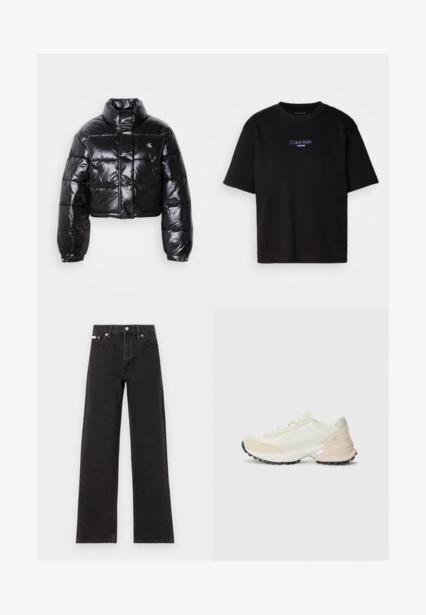 Izgriezta melna pūkainā jaka ar spīdīgu apdari, augstu apkakli, priekšējiem rāvējslēdzējiem un logotipa detaļām. Iezīmējas ar pārspīlētiem piedurknēm un quilted sekcijām.; Melna kokvilnas T-kreklu ar apaļu kaklu, īsām piedurknēm un zilu izšūtu "Calvin Klein JEANS" logo priekšpusē.; Melni platmalu džinsi, kas izgatavoti no denima, ar augstu vidukli, piecu kabatu dizainu un metāla pogas aizdari ar kontrastējošu šuvumu.; Gaišas kedas, kas izgatavotas no bēša un baltas krāsas materiāliem, ar mīkstu apkakli, teksturētu zamšādu akcentiem un melnu gumijas zoli.