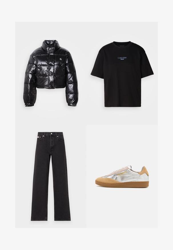 Skraćena crna jakna od puf materijala sa sjajnom završnom obradom, visokim ovratnikom, prednjim patentnim zatvaračem i detaljem s logotipom. Ima ogroman rukav i kviltane dijelove.; Crna pamučna majica s okruglim izrezom, kratkim rukavima i plavim izvezenim logom "Calvin Klein JEANS" na prednjoj strani.; Crne široke traperice od denima, s visokim strukom, pet džepova i metalnim zatvaranjem s kontrastnim šavovima.; Srebrno-tanružasti nubuk tenisice s teksturiranom gumenom potplatom, bež vezicama i logotipom otisnutim u žutoj boji sa strane.