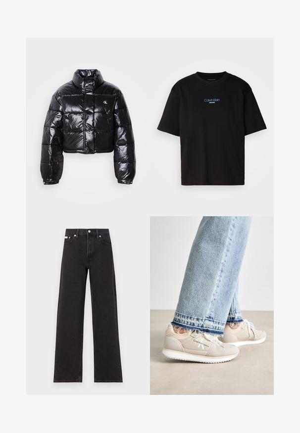 Izgriezta melna pūkainā jaka ar spīdīgu apdari, augstu apkakli, priekšējiem rāvējslēdzējiem un logotipa detaļām. Iezīmējas ar pārspīlētiem piedurknēm un quilted sekcijām.; Melna kokvilnas T-kreklu ar apaļu kaklu, īsām piedurknēm un zilu izšūtu "Calvin Klein JEANS" logo priekšpusē.; Melni platmalu džinsi, kas izgatavoti no denima, ar augstu vidukli, piecu kabatu dizainu un metāla pogas aizdari ar kontrastējošu šuvumu.; Calvin Klein Jeans RUNNER - Sporta apavi - eggshell/whisper pink