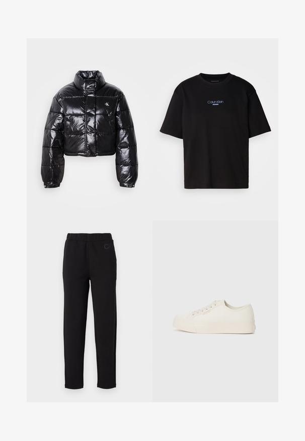 Zkrácená černá péřová bunda s lesklým povrchem, vysokým límcem, předním zipem a logem. Má široké rukávy a prošívané části.; Černé bavlněné tričko s kulatým výstřihem a krátkými rukávy, s modrou vyšitou nášivkou "Calvin Klein JEANS" na přední straně.; Černé tepláky s elastickým pasem, vyrobené z měkké látky. Na přední straně se nachází decentní logo "CK". Rovný střih nohavic.; Tenisky vyrobené z off-white plátna, s nízkým střihem, kulatou špičkou a plochou gumovou podrážkou s jemným švem.