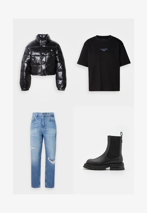 Κομμένο μαύρο μπουφάν τύπου puffer με γυαλιστερή επιφάνεια, ψηλό γιακά, μπροστινό φερμουάρ και λεπτομέρεια λογότυπου. Διαθέτει υπερμεγέθη μανίκια και ραμμένα τμήματα.; Μαύρο βαμβακερό t-shirt με στρογγυλή λαιμόκοψη, κοντά μανίκια και μπλε κεντημένο λογότυπο "Calvin Klein JEANS" στην μπροστινή πλευρά.; Ανοιχτό μπλε τζιν παντελόνι με ψηλόμεση γραμμή, ευθεία καβάλα και φθαρμένα σημεία στο μπροστινό μέρος. Διαθέτει κλασικό σχέδιο πέντε τσεπών.; Μαύρο μποτάκι μέχρι τον αστράγαλο με λείον δέρμα, ελαστικές πλαϊνές πάνελ και χοντρή καουτσούκ σόλα. Διαθέτει βρόχο στο πίσω μέρος.