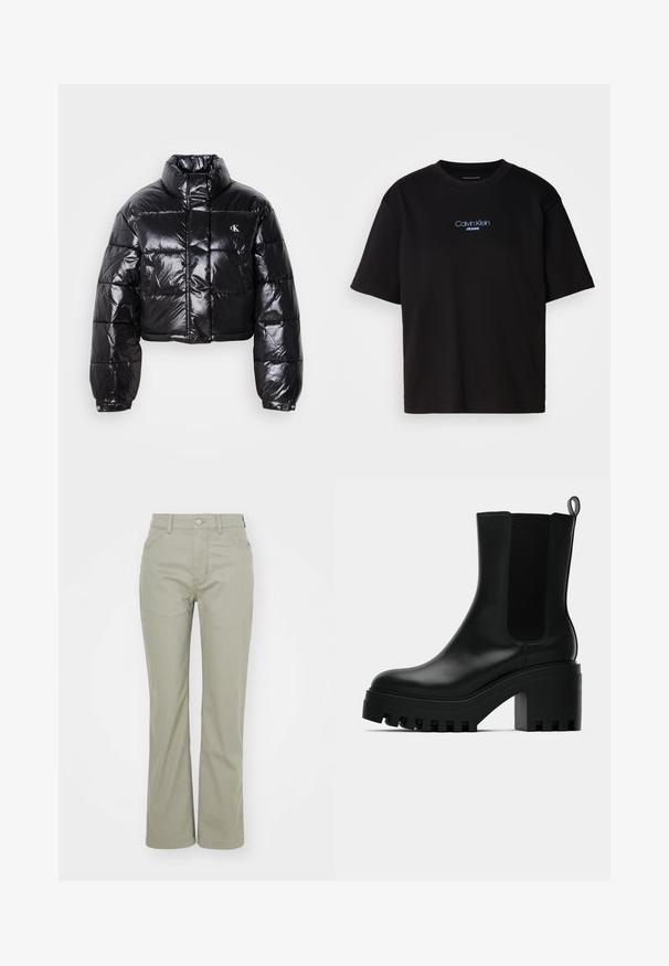 Kuttet svart dunjakke med glatt finish, høy krage, frontlås og logo-detalj. Den har overdimensjonerte ermer og quiltede seksjoner.; Sort bomull t-skjorte med rund hals, korte ermer, og blå brodert "Calvin Klein JEANS" logo på forsiden.; Lys grønn, høyt midjebånd bukser med rett ben skjæring. Har klassiske lommer og en metallknapp lukking foran. Myk tekstur av stoff.; Sorte lær ankelstøvle med rund tå, chunky plattformsåle og mesh-sider. Har en pull-tab for enkel påføring.