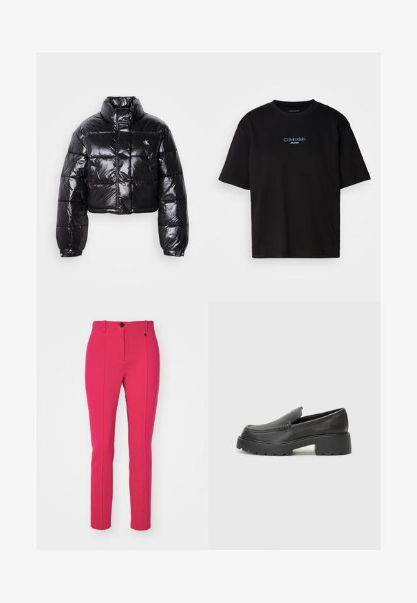 Trumpas juodas pūkinis paltas su blizgiu paviršiumi, aukšta apykakle, priekiniais užtrauktukais ir logotipo detalėmis. Yra plačios rankovės ir siuvinėtos dalys.; Juodas medvilnės marškinėliai su apykakle, trumpomis rankovėmis ir mėlynai siuvinėtu "Calvin Klein JEANS" logotipu priekyje.; Suknelės rožinės kelnės pagamintos iš lygaus audinio, turi centrines raukšles, mygtuko užsegimą ir diržo kilpas.; Juodi odiniai loaferiai su apvaliu pirštu, storu tekstūruotu padu ir minimaliu siūlių dekoru. Išskirtinis dizainas be matomų raištelių ar furnitūros.