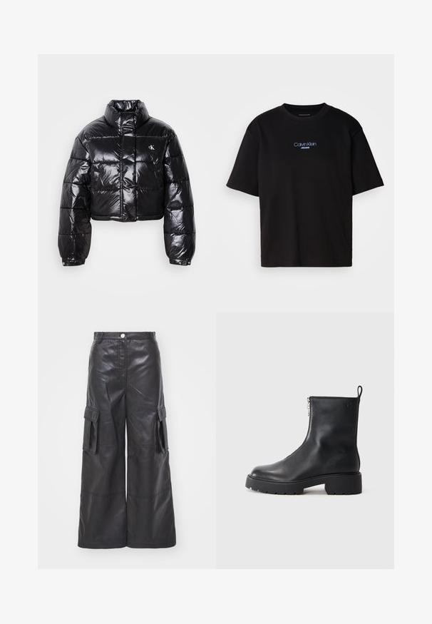 Kuttet svart dunjakke med glatt finish, høy krage, frontlås og logo-detalj. Den har overdimensjonerte ermer og quiltede seksjoner.; Sort bomull t-skjorte med rund hals, korte ermer, og blå brodert "Calvin Klein JEANS" logo på forsiden.; Sorte skinn cargo bukser med vid bensdesign som har to sidelommer og detaljerte sømmer. Stoffet har en glatt, blank overflate.; Sorte skinn ankelstøvler med glidelås på siden, rund tå og en chunky, strukturert såle. Diskret merkevare på siden.
