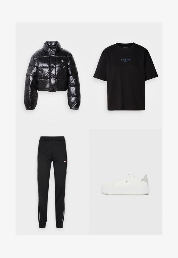 Avklippt svart pufferjacka med glänsande yta, hög krage, framfickor med dragkedja och logodetalj. Har överdimensionerade ärmar och vadderade sektioner.; Svart bomulls T-shirt med rund nacke, korta ärmar och blå broderad "Calvin Klein JEANS" logotyp på framsidan.; Svarta sweatpants i mjukt tyg, med snörådsmidja, två sidofickor och kontrasterande vita sidostråkar. Röd logotypdetalj.; Vita kanvas sneakers med en tjock vit sula, prydda med en metallisk silverdetalj på hälen och subtil logotypdetalj på sidan.