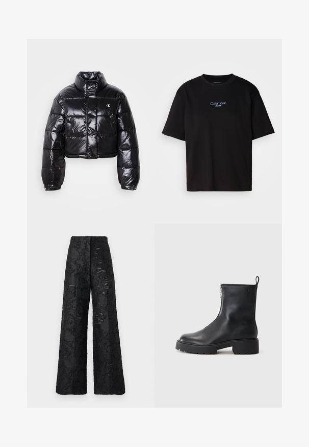 Skrajšana črna pufasta jakna z sijajno površino, visokim ovratnikom, sprednjim zadrgo in detajlom logotipa. Ima prevelike rokave in kviltane dele.; Črna bombažna majica s krožnim izrezom, kratkimi rokavi in modrim vezenim logotipom "Calvin Klein JEANS" na sprednji strani.; Široke črne hlače iz teksturirane tkanine z rožnatim vzorcem. Imajo visok pas in gladek zaključek.; Črne usnjene gležnjarje s stranskim zadrgo, zaobljenim napisom in masivnim, teksturiranim podplatom. Diskretno blagovno znamko na strani.