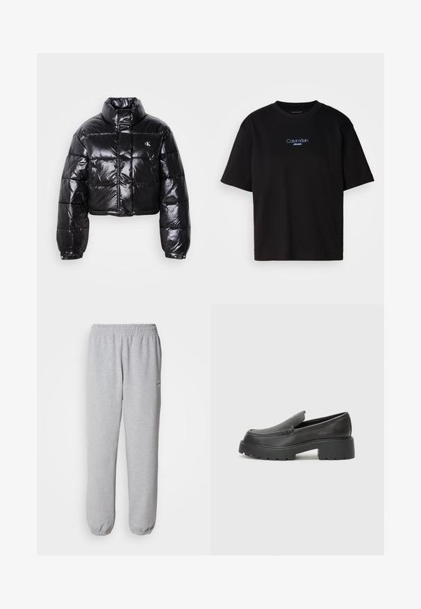 Izgriezta melna pūkainā jaka ar spīdīgu apdari, augstu apkakli, priekšējiem rāvējslēdzējiem un logotipa detaļām. Iezīmējas ar pārspīlētiem piedurknēm un quilted sekcijām.; Melna kokvilnas T-kreklu ar apaļu kaklu, īsām piedurknēm un zilu izšūtu "Calvin Klein JEANS" logo priekšpusē.; Pelēki sporta bikses, izgatavotas no mīksta, teksturēta auduma. Elastīga josta un aproces, ar nelielu logotipu kreisajā pusē.; Melnas ādas mokasīni ar noapaļotu purngalu, biezs teksturēts zoles un minimālas dūriena detaļas. Gluds dizains bez redzamām auklām vai metāla elementiem.