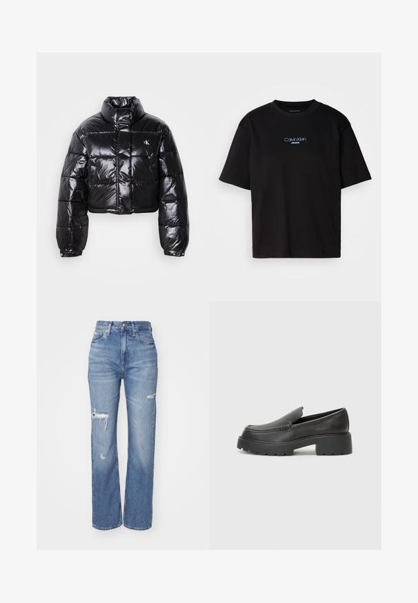Casaco puffer preto cropped com acabamento brilhante, gola alta, fecho éclair à frente e detalhe de logótipos. Apresenta mangas oversized e secções acolchoadas.; T-shirt preta de algodão com gola redonda, mangas curtas e logo bordado azul "Calvin Klein JEANS" na parte da frente.; Jeans de cintura alta em azul claro, feitos de denim, com detalhes desgastados nos joelhos e um corte reto.; Mocassins de couro preto com bico arredondado, sola espessa e texturizada, e detalhes de costura minimalistas. Design elegante sem atacadores ou ferragens visíveis.