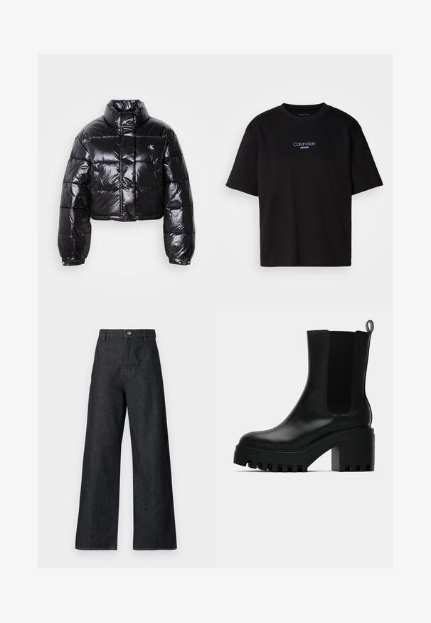 Skraćena crna jakna od puf materijala sa sjajnom završnom obradom, visokim ovratnikom, prednjim patentnim zatvaračem i detaljem s logotipom. Ima ogroman rukav i kviltane dijelove.; Crna pamučna majica s okruglim izrezom, kratkim rukavima i plavim izvezenim logom "Calvin Klein JEANS" na prednjoj strani.; Jeans širokih nogavica u tamnoplavoj boji. Imaju visoki struk, zatvaranje sa patentnim zatvaračem i dugmetom, te glatku teksturu s minimalnim detaljima šivanja.; Crne kožne gležnjače s okruglim vrhom, debelim platformom i mrežastim bočnim detaljima. Imaju i uvučenu petlju za lakše obuvanje.