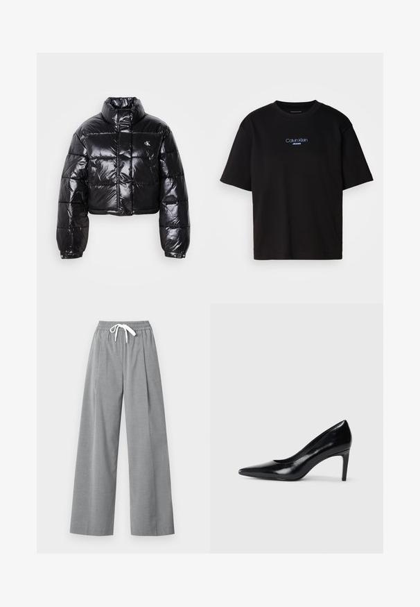 Zkrátená čierna prešívaná bunda s lesklým povrchom, vysokým golierom, predným zipsom a detailom loga. Obsahuje nadrozšírené rukávy a prešívané časti.; Čierne bavlnené tričko s okrúhlym výstrihom, krátkymi rukávmi a modrým vyšívaným logom "Calvin Klein JEANS" na prednej strane.; Sivé nohavice širokého strihu vyrobené z ľahkej látky s plisovaným predným dielom a elastickým pásom so bielym šnúrkou.; Čierna kožená vysoká topánka s ihlovým podpätkom a špičatou špicou, hladkou textúrou a zúženým podpätkom. Minimalistický dizajn, bez ďalších ozdôb.
