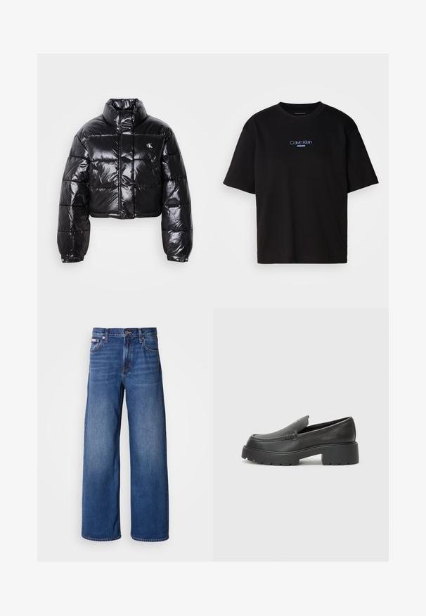 Izgriezta melna pūkainā jaka ar spīdīgu apdari, augstu apkakli, priekšējiem rāvējslēdzējiem un logotipa detaļām. Iezīmējas ar pārspīlētiem piedurknēm un quilted sekcijām.; Melna kokvilnas T-kreklu ar apaļu kaklu, īsām piedurknēm un zilu izšūtu "Calvin Klein JEANS" logo priekšpusē.; Platas kājas džinsu bikses tumši zilos toņos, ar augsto jostasvietu, piecām kabatām un vieglu nolietojumu priekšpusē, kas piešķir tekstūru un detaļu.; Melnas ādas mokasīni ar noapaļotu purngalu, biezs teksturēts zoles un minimālas dūriena detaļas. Gluds dizains bez redzamām auklām vai metāla elementiem.