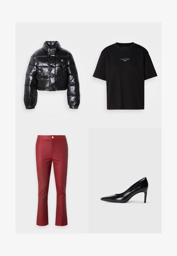Trumpas juodas pūkinis paltas su blizgiu paviršiumi, aukšta apykakle, priekiniais užtrauktukais ir logotipo detalėmis. Yra plačios rankovės ir siuvinėtos dalys.; Juodas medvilnės marškinėliai su apykakle, trumpomis rankovėmis ir mėlynai siuvinėtu "Calvin Klein JEANS" logotipu priekyje.; Raudoni odiniai kelnių su prigludusia forma, vidutinio aukščio liemeniu ir plačiomis rankovėmis. Yra priekinis mygtuko užsegimas ir lygus paviršius.; Juodas odinis aukštakulnis batelis su smailiu pirštu, lygiu paviršiumi ir siauru kulnu. Minimalistinis dizainas, jokių papildomų puošmenų.
