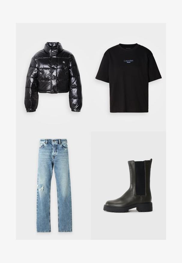 Trumpas juodas pūkinis paltas su blizgiu paviršiumi, aukšta apykakle, priekiniais užtrauktukais ir logotipo detalėmis. Yra plačios rankovės ir siuvinėtos dalys.; Juodas medvilnės marškinėliai su apykakle, trumpomis rankovėmis ir mėlynai siuvinėtu "Calvin Klein JEANS" logotipu priekyje.; Šviesiai mėlynos džinsinės kelnės su tiesiu kirpimu ir nusidėvėjimu kairėje kelyje. Klasikinis penkių kišenių dizainas su metalinėmis detalėmis.; Žalios odinės aulinės bateliai su elastinėmis šoninėmis panelėmis, apvaliu pirštu ir guminiais padais. Yra tekstūruotas paviršius ir kvadratinis kulnas.