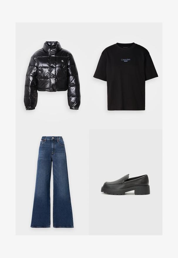 Skraćena crna jakna od puf materijala sa sjajnom završnom obradom, visokim ovratnikom, prednjim patentnim zatvaračem i detaljem s logotipom. Ima ogroman rukav i kviltane dijelove.; Crna pamučna majica s okruglim izrezom, kratkim rukavima i plavim izvezenim logom "Calvin Klein JEANS" na prednjoj strani.; Traperice visokog struka, širokih nogavica od tamnoplavog denima, s kopčanjem na gumb, pet džepova i suptilnim izbljeđivanjem na bedrima.; Crne kožne loaferice s zaobljenim vrhom, debelim teksturiranim potplatom i minimalnim detaljima šivanja. Elegantna izrada bez vidljivih vezica ili metalnih elemenata.