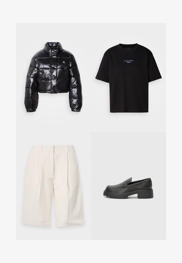 Jachetă puffer neagră scurtă cu finisaj lucios, guler înalt, fermoar frontal și detaliu cu logo. Are mâneci supradimensionate și secțiuni quilted.; Tricou din bumbac negru cu guler rotund, mâneci scurte și logo-ul brodat în albastru "Calvin Klein JEANS" pe față.; Shorts din in cu fir alb, cu un design tailored, față pliată și deschideri largi pentru picioare. Textură netedă și lungime până la mijlocul coapsei.; Mocasini din piele neagră, cu vârf rotunjit, talpă groasă texturată și detalii minimale de cusătură. Design elegant, fără șireturi sau accesorii vizibile.