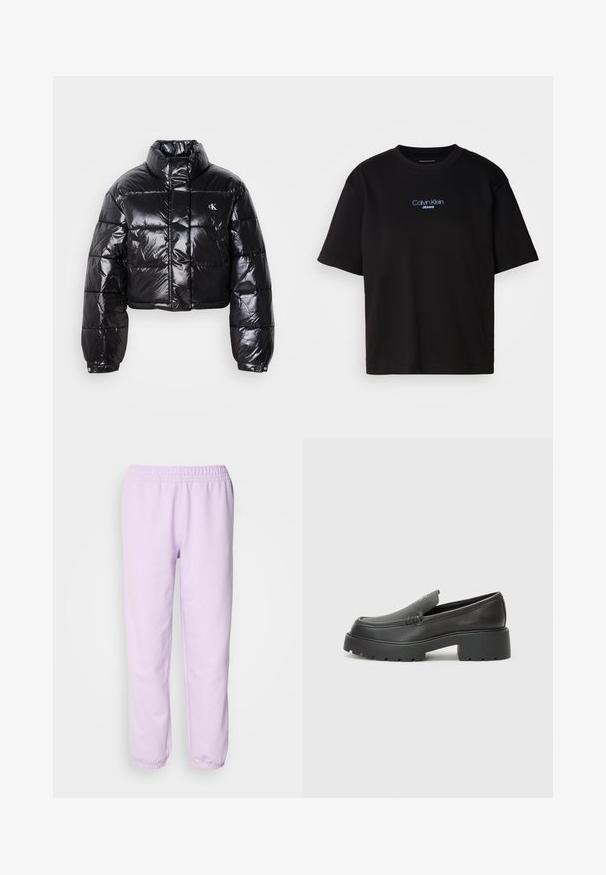 Fekete, fényes felületű, vágott pufi dzseki, magas gallérral, elülső cipzárral és logó részlettel. Tágas ujjakkal és steppelt részekkel rendelkezik.; Fekete pamut póló kerek nyakkal, rövid ujjú, elöl kék hímzett "Calvin Klein JEANS" logóval.; Világoslila, puha anyagból készült melegítőnadrág, rugalmas derékkal és rugalmas bokákkal. Egyszerű dizájn, minta nélküli.; Fekete bőr loafer cipők kerek orral, vastag, texturált talppal és minimális varrási részletekkel. Áramvonalas dizájn, látható fűzők vagy fém részek nélkül.
