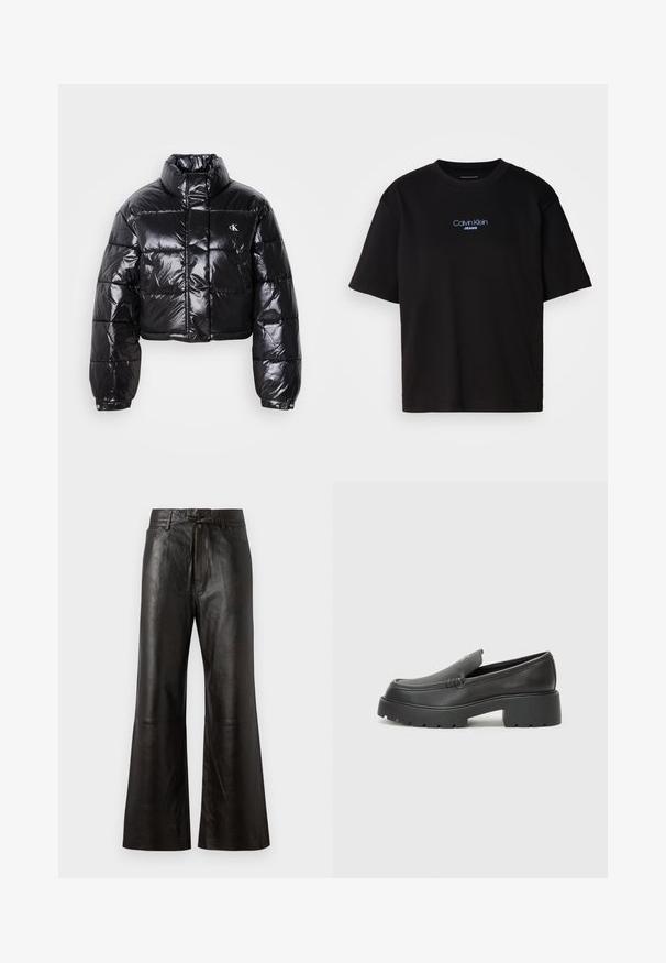 Gekürzte schwarze Steppjacke mit glänzender Oberfläche, hohem Kragen, Frontreißverschluss und Logodetail. Verfügt über übergroße Ärmel und gesteppte Abschnitte.; Schwarzes Baumwoll-T-Shirt mit Rundhalsausschnitt, kurzen Ärmeln und blau gesticktem "Calvin Klein JEANS"-Logo auf der Vorderseite.; Schwarze Lederhosen mit einem weiten Beinansatz, flachem Vorderteil und gebundenem Taillenbund. Sie verfügen über detaillierte Nähte und einen minimalistischen Stil.; Schwarze Lederloafer mit einer abgerundeten Spitze, dicker strukturierten Laufsohle und minimalen Nähten. Schlankes Design ohne sichtbare Schnürsenkel oder Beschläge.