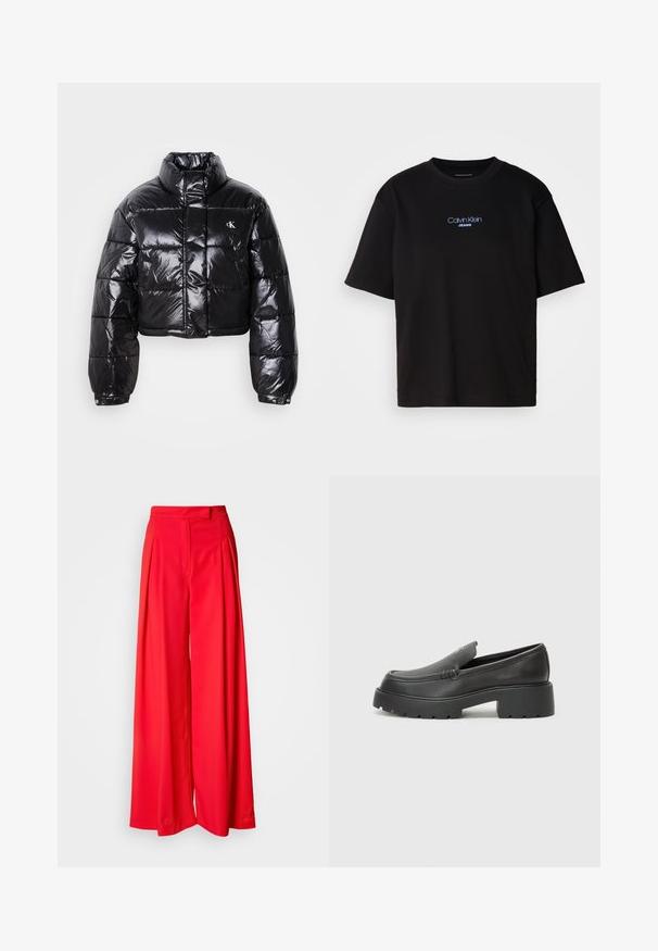 Giacca a vento nera cropped con finitura lucida, colletto alto, zip frontale e dettaglio con logo. Presenta maniche oversized e sezioni trapuntate.; T-shirt nera in cotone con colletto rotondo, maniche corte e logo ricamato blu "Calvin Klein JEANS" sul davanti.; Pantaloni a gamba larga rossi in tessuto morbido, con pieghe frontali, cintura piatta e vestibilità sartoriale. Il design enfatizza una silhouette fluida.; Mocassini in pelle nera con punta arrotondata, suola spessa e testurizzata, e minime cuciture. Design elegante senza lacci o parti metalliche visibili.
