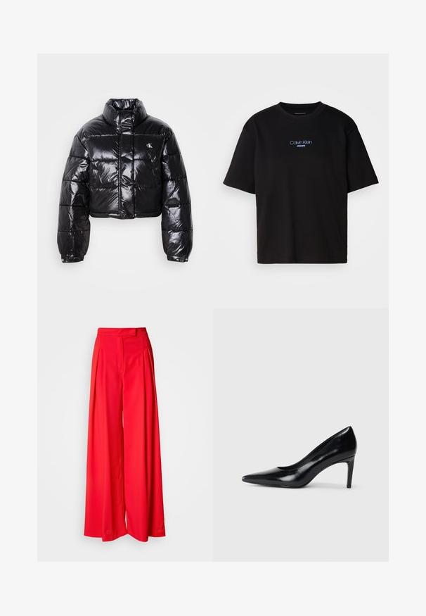 Gekürzte schwarze Steppjacke mit glänzender Oberfläche, hohem Kragen, Frontreißverschluss und Logodetail. Verfügt über übergroße Ärmel und gesteppte Abschnitte.; Schwarzes Baumwoll-T-Shirt mit Rundhalsausschnitt, kurzen Ärmeln und blau gesticktem "Calvin Klein JEANS"-Logo auf der Vorderseite.; Rote weit geschnittene Hosen aus glattem Stoff, mit vorderen Falten, flachem Bund und taillierter Passform. Das Design betont eine fließende Silhouette.; Schwarzer Lederhochschuh mit spitzem Zehenbereich, glatter Textur und schmalem Absatz. Minimalistisches Design, keine zusätzlichen Verzierungen.
