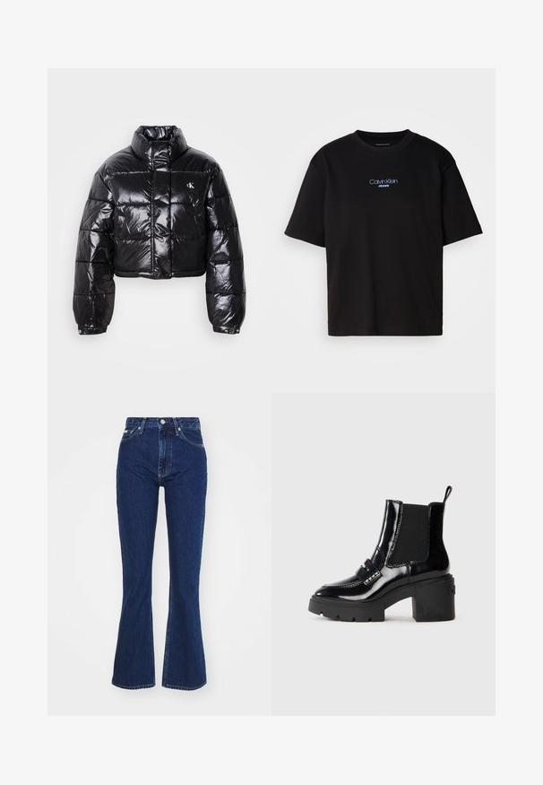 Izgriezta melna pūkainā jaka ar spīdīgu apdari, augstu apkakli, priekšējiem rāvējslēdzējiem un logotipa detaļām. Iezīmējas ar pārspīlētiem piedurknēm un quilted sekcijām.; Melna kokvilnas T-kreklu ar apaļu kaklu, īsām piedurknēm un zilu izšūtu "Calvin Klein JEANS" logo priekšpusē.; Tumši zilie plati džinsi, izgatavoti no denima, ar augstu jostasvietu, rāvējslēdzēja un pogu aizdari, kā arī piecām kabatām ar nelielu nodiluma efektu.; Melnas patentētas potīšu zābaki ar masīlu papēdi, elastīgām sānu paneļiem, dekoratīvu siksnu un kontrastējošu šuvju. Gluda tekstūra ar spīdīgu apdari.