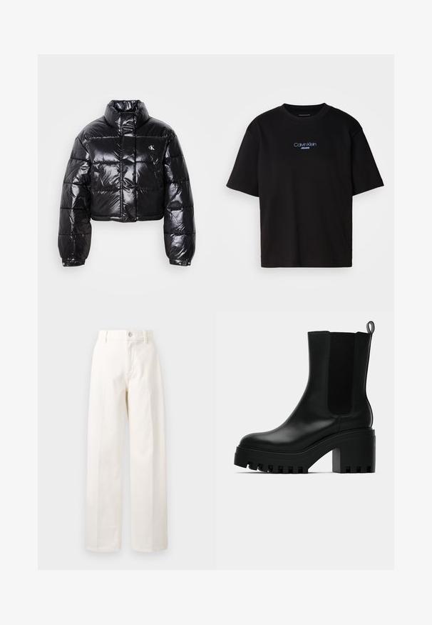 Fekete, fényes felületű, vágott pufi dzseki, magas gallérral, elülső cipzárral és logó részlettel. Tágas ujjakkal és steppelt részekkel rendelkezik.; Fekete pamut póló kerek nyakkal, rövid ujjú, elöl kék hímzett "Calvin Klein JEANS" logóval.; Fehér, bő szárú pamut nadrág, elülső gombzáródással, övhurkokkal és egyenes szabással, látható minták nélkül.; Fekete bőr bokacsizma kerek orral, tömzsi platform talppal és hálós oldalsó részletekkel. Könnyen felhúzható húzófüllel rendelkezik.