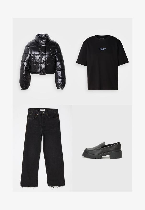 Skraćena crna jakna od puf materijala sa sjajnom završnom obradom, visokim ovratnikom, prednjim patentnim zatvaračem i detaljem s logotipom. Ima ogroman rukav i kviltane dijelove.; Crna pamučna majica s okruglim izrezom, kratkim rukavima i plavim izvezenim logom "Calvin Klein JEANS" na prednjoj strani.; Crne visokotlačne široke traperice s pocepanim rubom, pet džepova i metalnim kopčanjem. Izrađene od denima sa blagom teksturom.; Crne kožne loaferice s zaobljenim vrhom, debelim teksturiranim potplatom i minimalnim detaljima šivanja. Elegantna izrada bez vidljivih vezica ili metalnih elemenata.